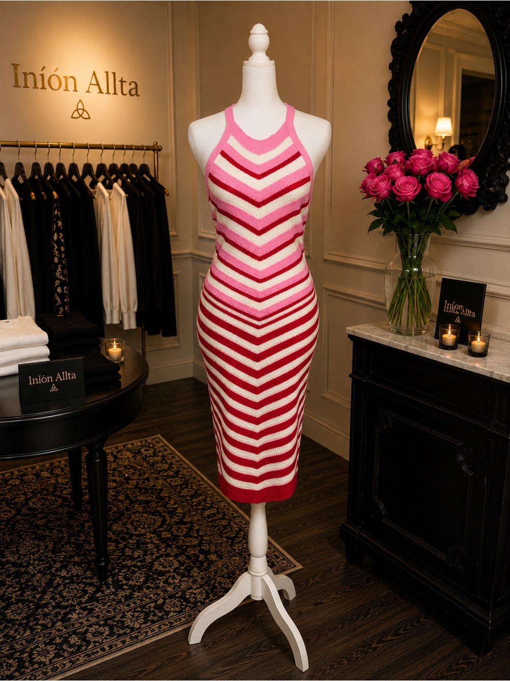 Pink & White Chevron Midi Halter Dress